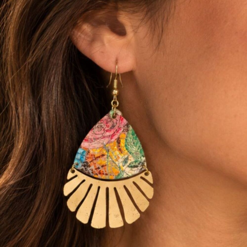 Colorful Floral Fan Drop Earrings Gold Tone Boho Statement Dangle Jewelry